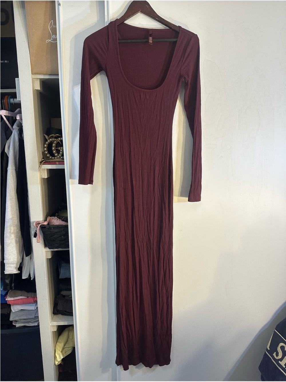 SKIMS Long-Sleeve Scoop-Neck Maxi Dress - Burgundy Plum